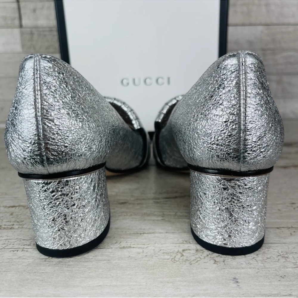 Gucci NEW Size 34 Metallic Silver Marmont GG Fringe Mid Heel Loafer Shoe Pump - Picture 6 of 14